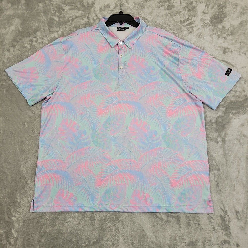 Sunday Swagger Hawaiian Tropical Floral Casual‎ Pink Purple Mens Golf Polo 3XL